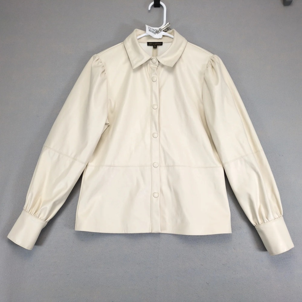 Shinestar Cream Faux Leather Snap-Front Blouse Womens S Puff Shoulders Chic Cuff